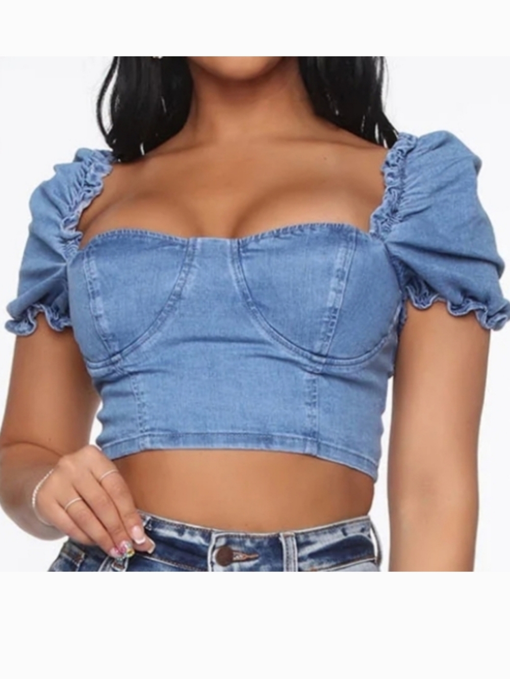 Fashion Nova Light Blue Denim‎ Puff Sleeve Crop
